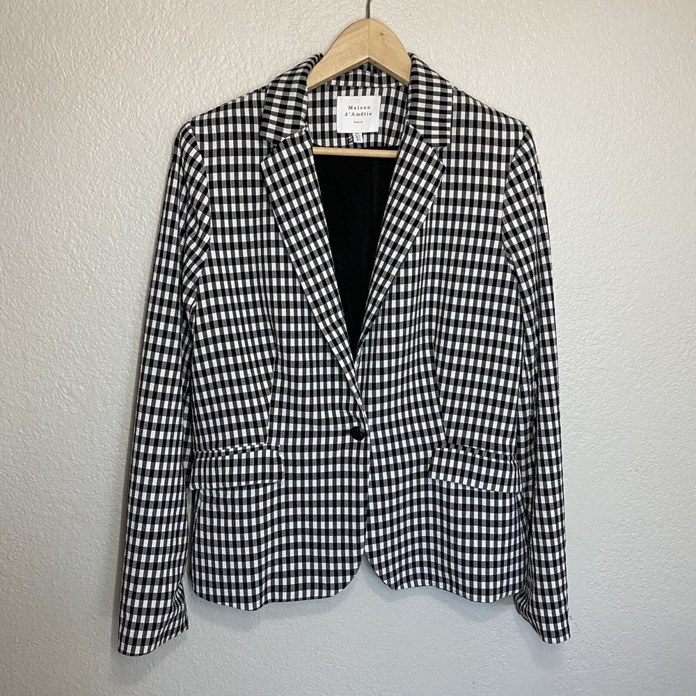 Maison D’Amelie Blazer Women’s Large Gingham Black White One Button Front Pocket